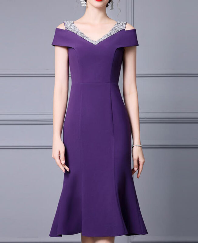 Summer Off shoulder Short sleeved Hand sewn Rhinestones Mid length V neck Slim Fishtail Evening Dress 5