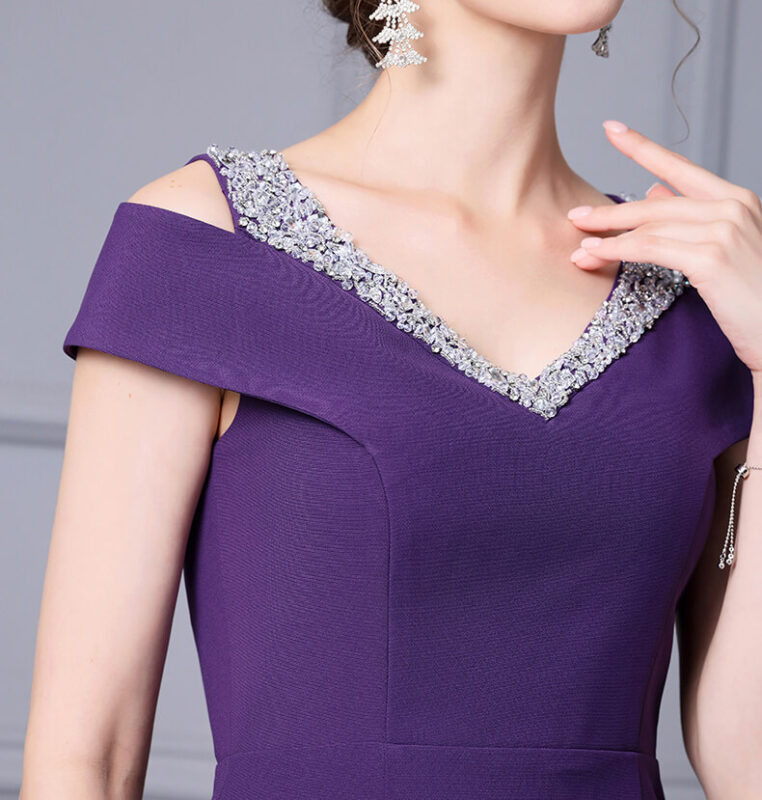 Summer Off shoulder Short sleeved Hand sewn Rhinestones Mid length V neck Slim Fishtail Evening Dress 6