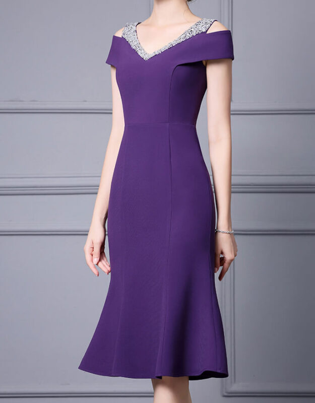 Summer Off shoulder Short sleeved Hand sewn Rhinestones Mid length V neck Slim Fishtail Evening Dress 7