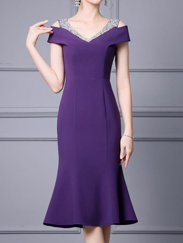 Summer Off shoulder Short sleeved Hand sewn Rhinestones Mid length V neck Slim Fishtail Evening Dress 8
