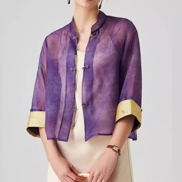 Summer Purple Silk Retro Stand Collar Chinese Style Top 1