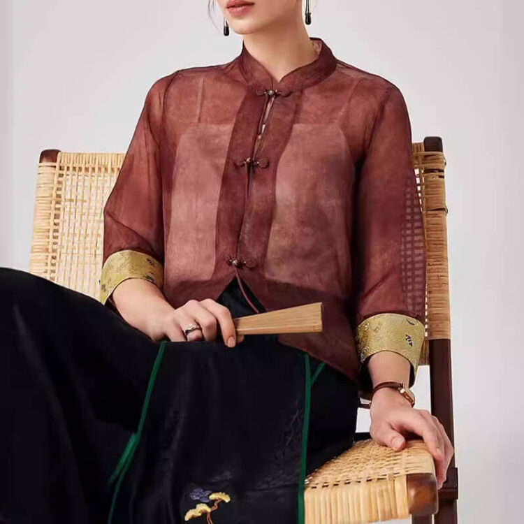 Summer Purple Silk Retro Stand Collar Chinese Style Top 2