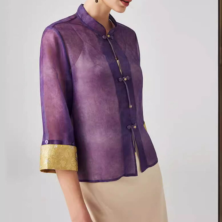 Summer Purple Silk Retro Stand Collar Chinese Style Top 3