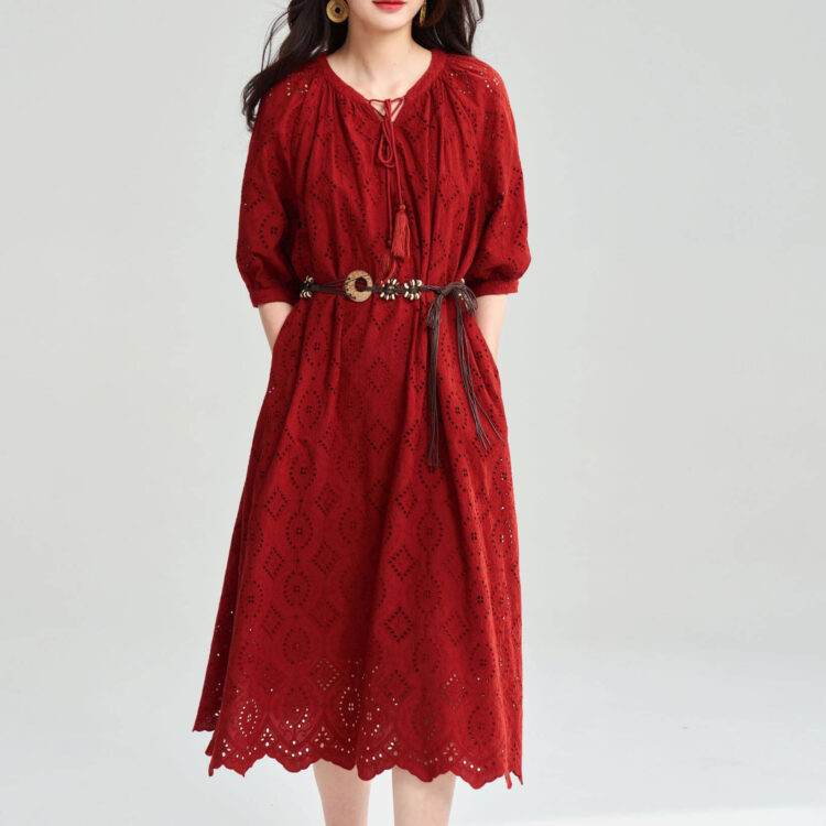 Summer Red Combed Cotton Hollow Embroidered Rusty Bohemian Resort Style Dress
