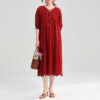 Summer Red Combed Cotton Hollow Embroidered Rusty Bohemian Resort Style Dress