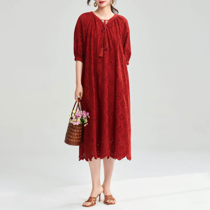 Summer Red Combed Cotton Hollow Embroidered Rusty Bohemian Resort Style Dress