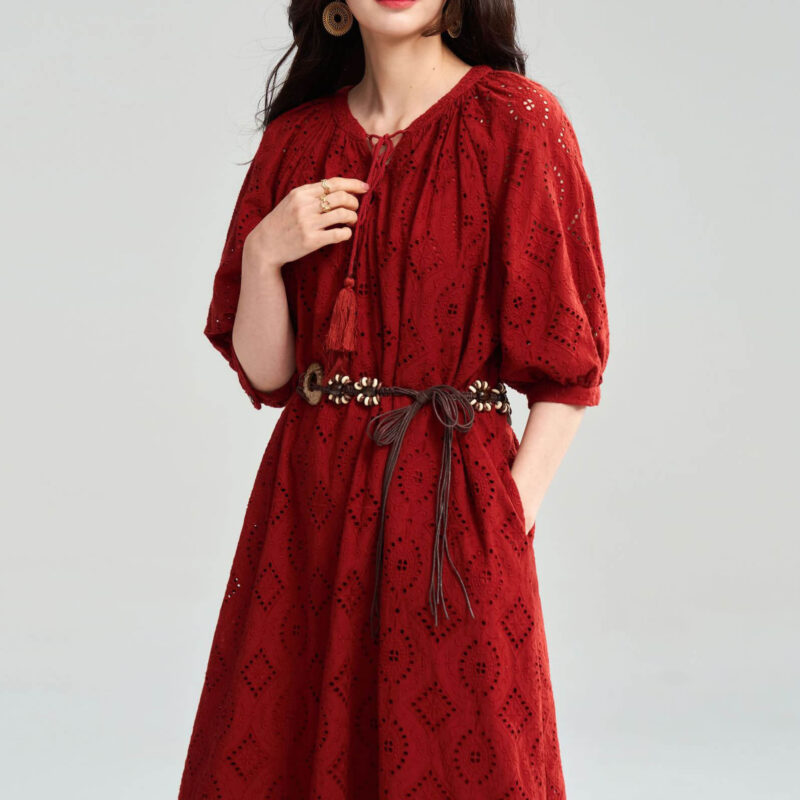 Summer Red Combed Cotton Hollow Embroidered Rusty Bohemian Resort Style Dress