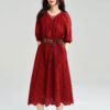 Summer Red Combed Cotton Hollow Embroidered Rusty Bohemian Resort Style Dress