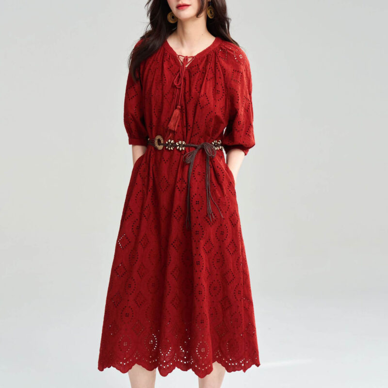 Summer Red Combed Cotton Hollow Embroidered Rusty Bohemian Resort Style Dress