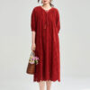 Summer Red Combed Cotton Hollow Embroidered Rusty Bohemian Resort Style Dress
