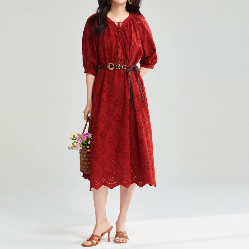Summer Red Combed Cotton Hollow Embroidered Rusty Bohemian Resort Style Dress
