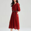 Summer Red Combed Cotton Hollow Embroidered Rusty Bohemian Resort Style Dress