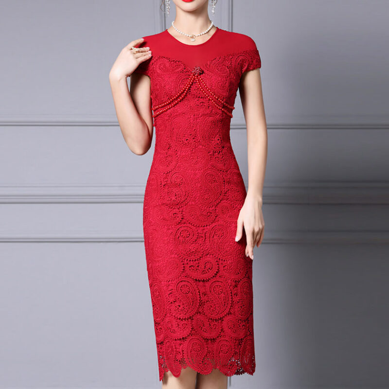 Summer Red Pearl Lace Mid Length Evening Dress 10