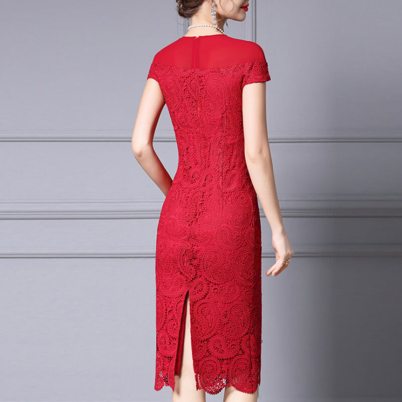 Summer Red Pearl Lace Mid Length Evening Dress 11