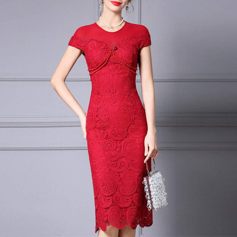 Summer Red Pearl Lace Mid Length Evening Dress 12