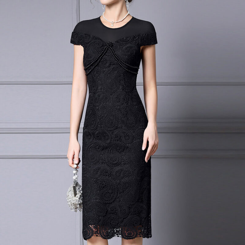 Summer Red Pearl Lace Mid Length Evening Dress 13