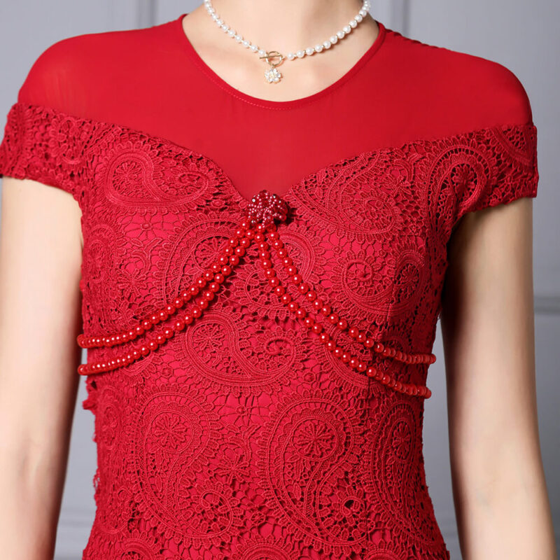 Summer Red Pearl Lace Mid Length Evening Dress 9