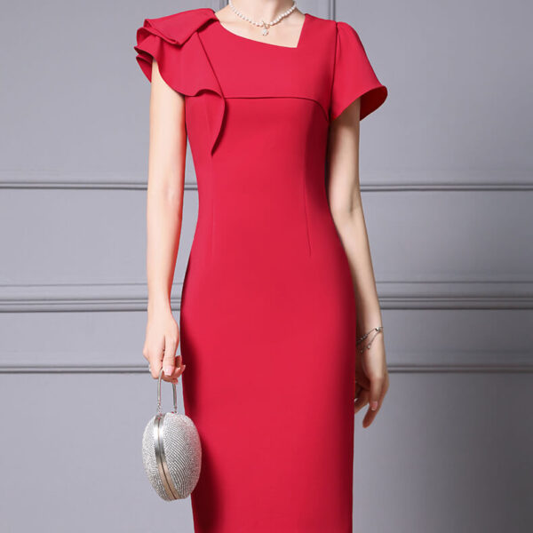 Summer Red Slant Collar Ruffled Slim Fit Party Dress 2