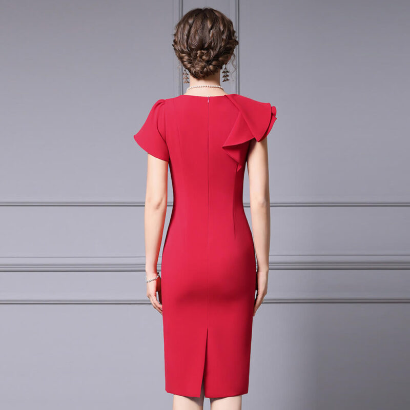 Summer Red Slant Collar Ruffled Slim Fit Party Dress 4