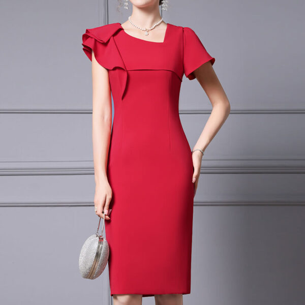 Summer Red Slant Collar Ruffled Slim Fit Party Dress 5