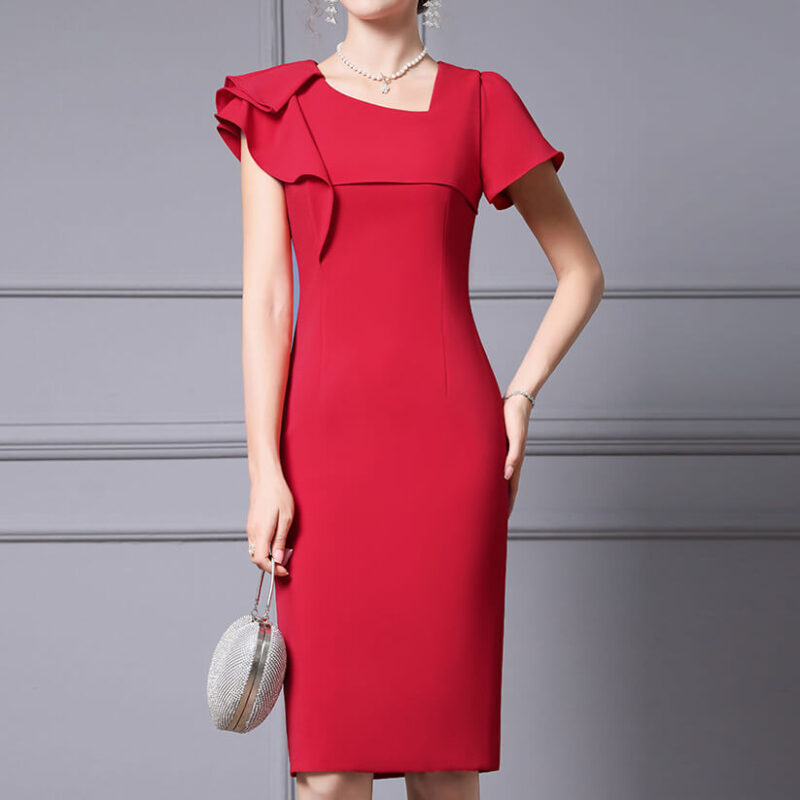 Summer Red Slant Collar Ruffled Slim Fit Party Dress 5