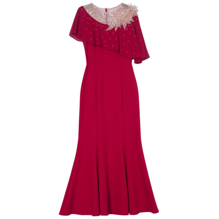 Summer Red Three-Dimensional Flower Hand-Beaded Ruffle Waisted Fishtail Evening Dress