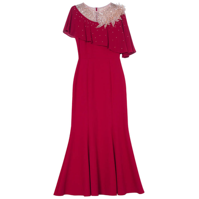 Summer Red Three Dimensional Flower Beaded Ruffle Waisted Fishtail Evening Dress 1