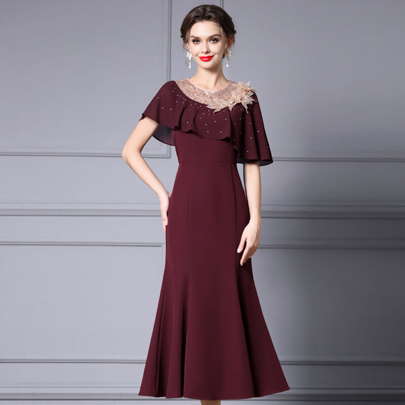Summer Red Three Dimensional Flower Beaded Ruffle Waisted Fishtail Evening Dress 13