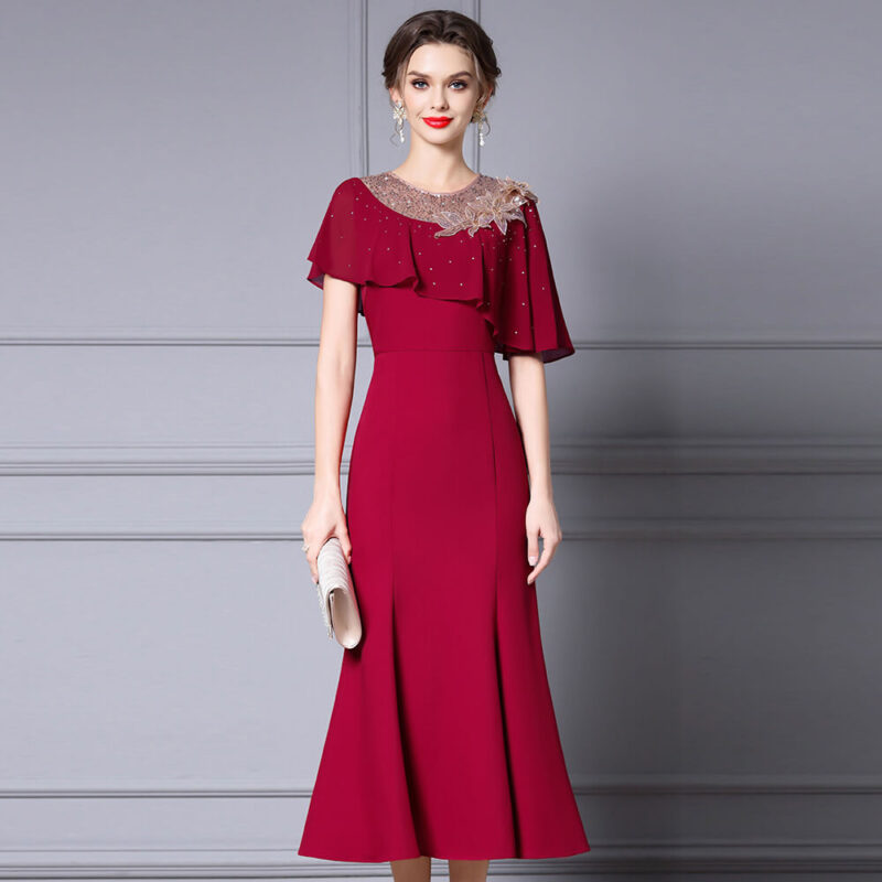 Summer Red Three Dimensional Flower Beaded Ruffle Waisted Fishtail Evening Dress 2
