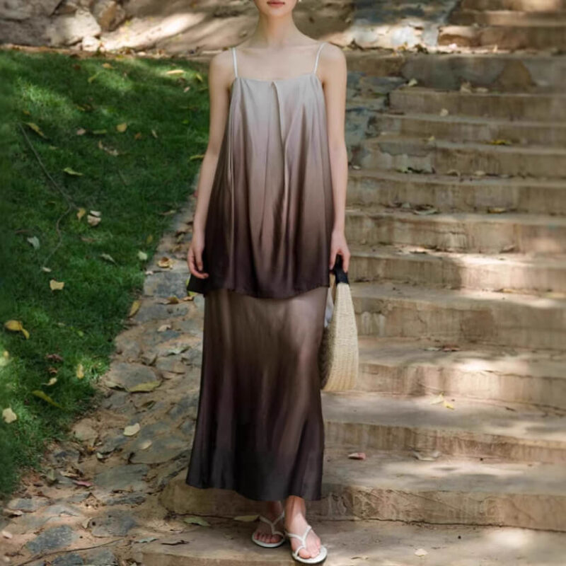 Summer Resort Style Gradient Satin Camisole Top + Skirt Two-Piece Set