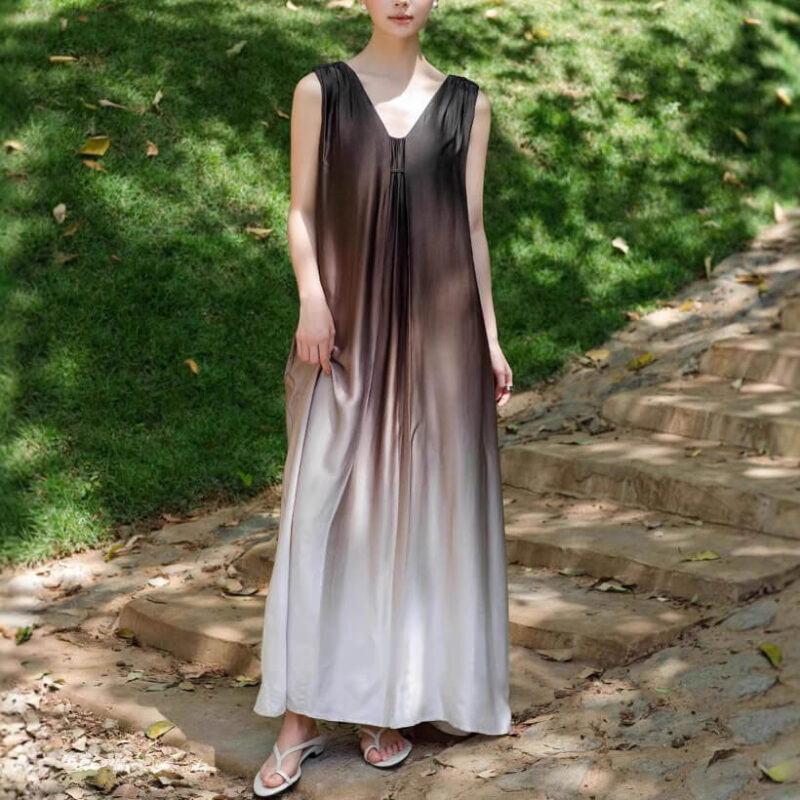 Summer Resort Style Gradient V-neck Loose Casual Sleeveless Dress