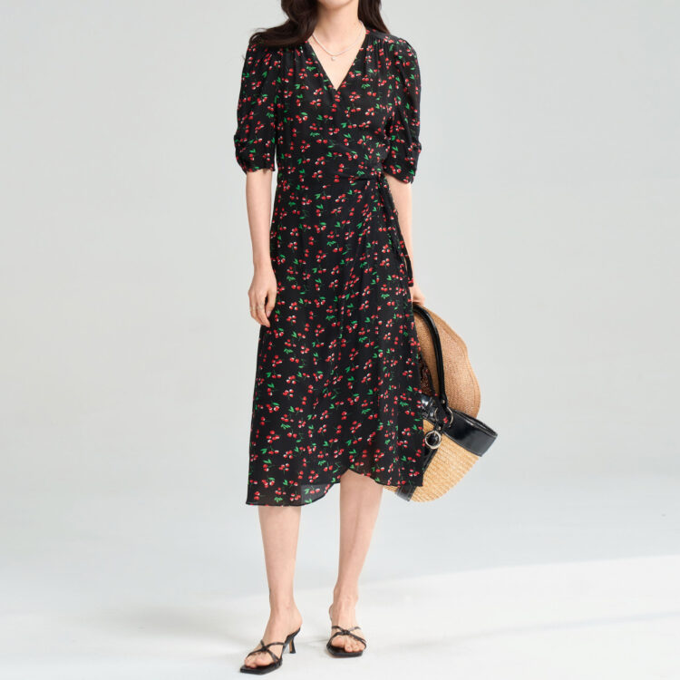 Summer Resort style Cherry Print Wrap-around French Tea Dress