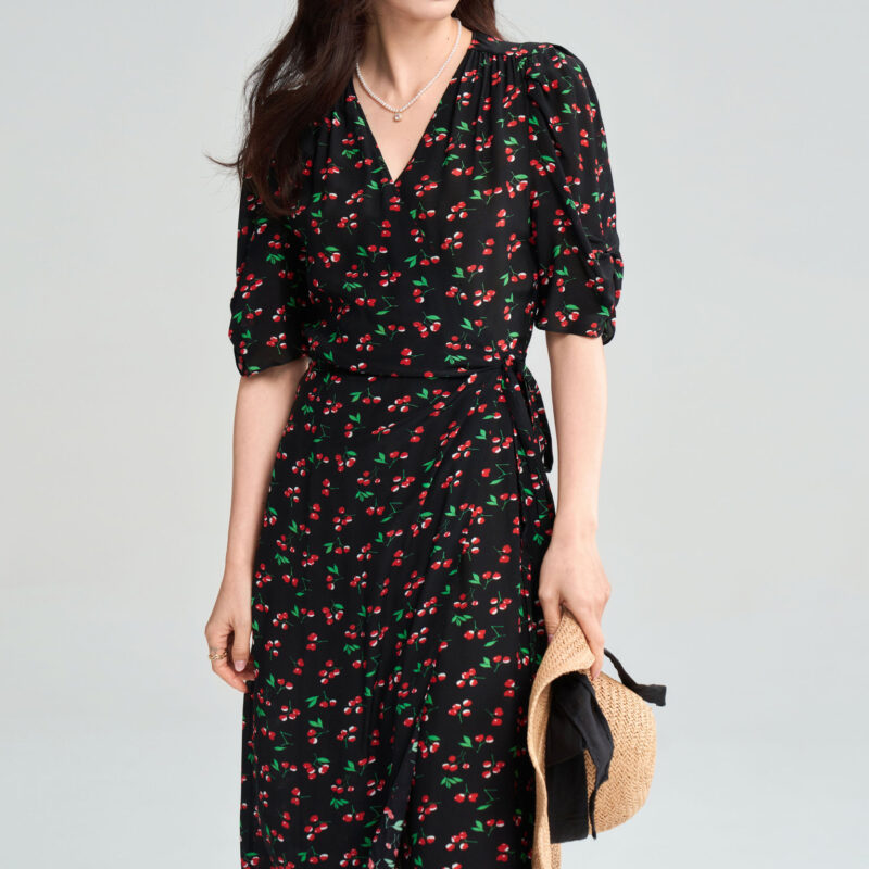 Summer Resort style cherry print wrap around French tea dress 2