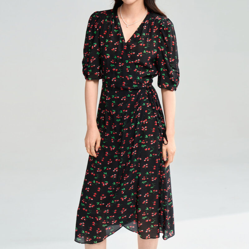 Summer Resort style cherry print wrap around French tea dress 3