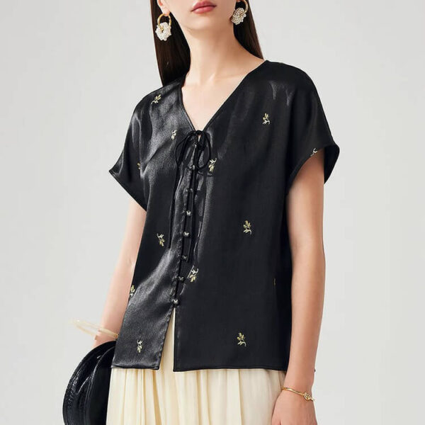 Summer Retro Black Silk Embroidered Top 5