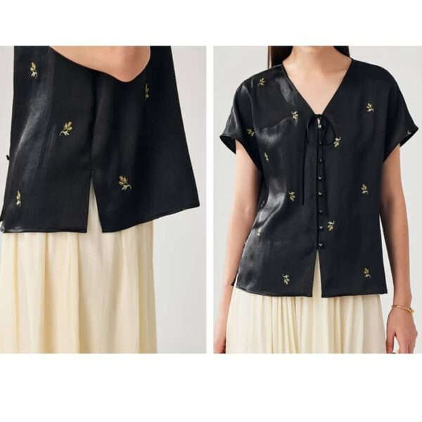 Summer Retro Black Silk Embroidered Top 6