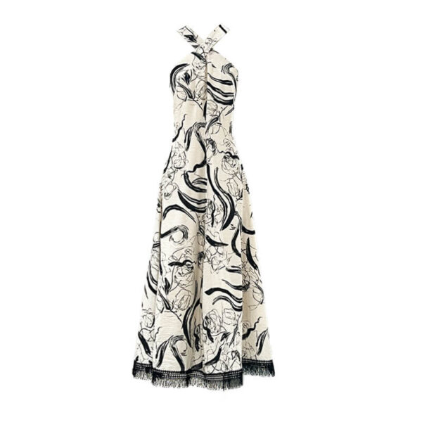 Summer Retro Cross Halter Neck Ink Print Resort Style Suspender Dress 1