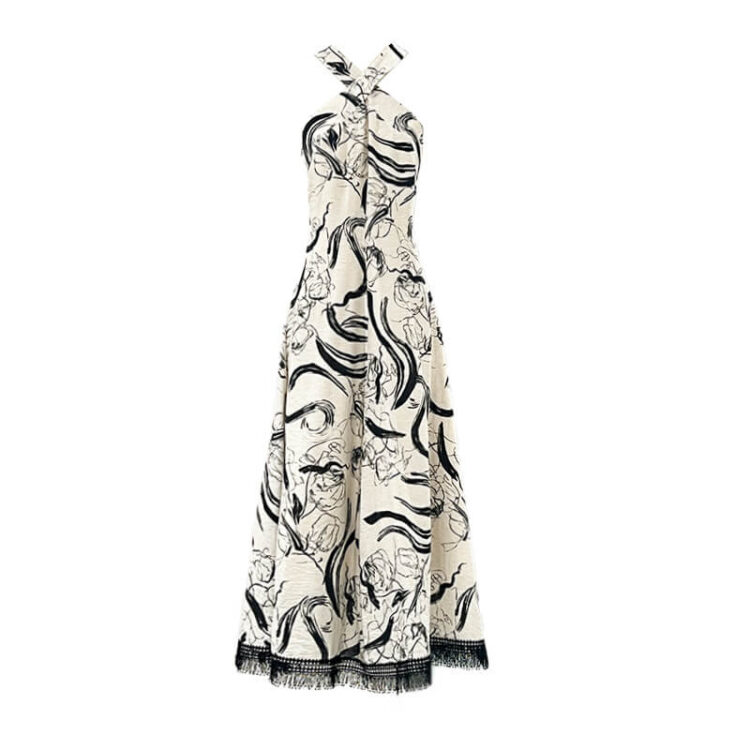 Summer Retro Cross Halter Neck Ink Print Resort Style Tassel Suspender Dress