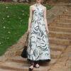 Summer Retro Cross Halter Neck Ink Print Resort Style Suspender Dress 2