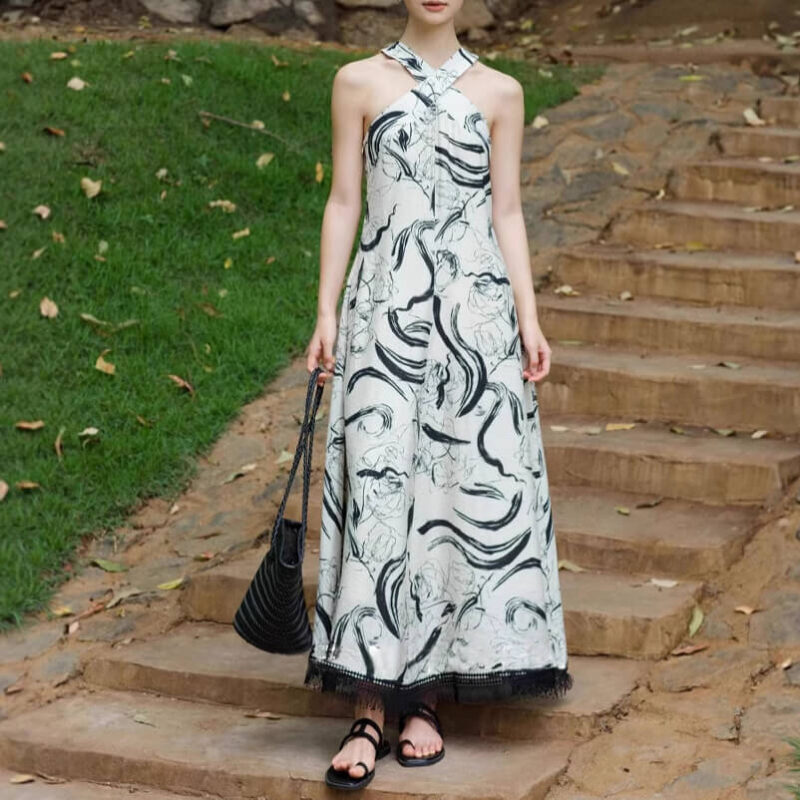 Summer Retro Cross Halter Neck Ink Print Resort Style Suspender Dress 2
