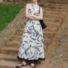 Summer Retro Cross Halter Neck Ink Print Resort Style Suspender Dress 3
