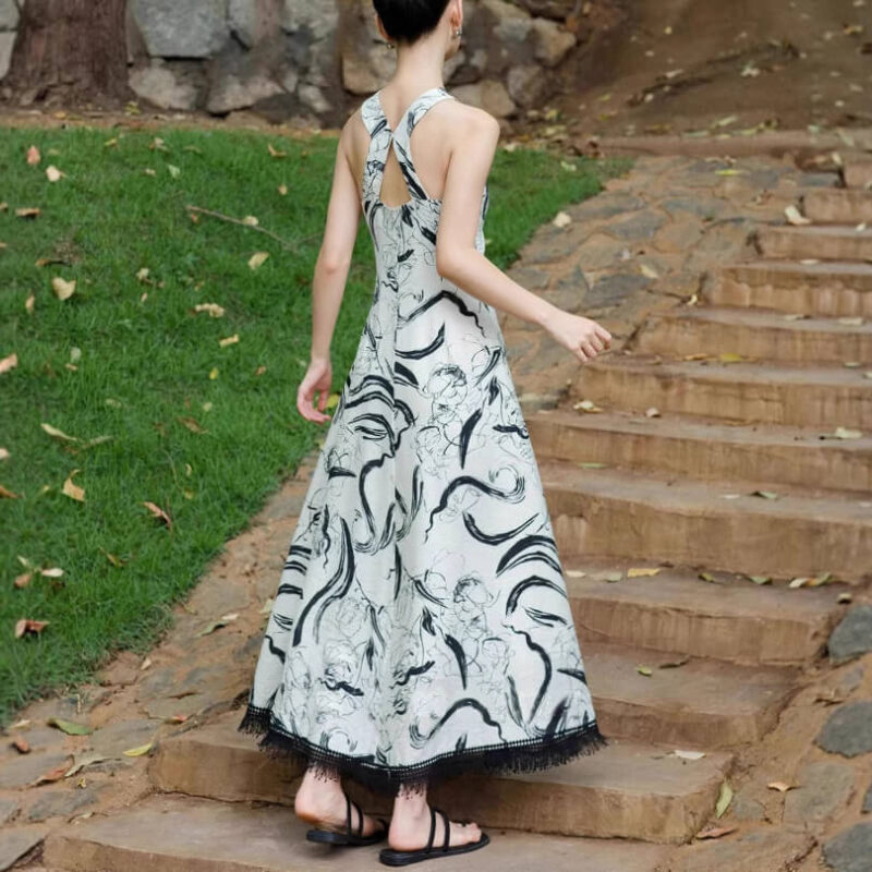 Summer Retro Cross Halter Neck Ink Print Resort Style Suspender Dress 4