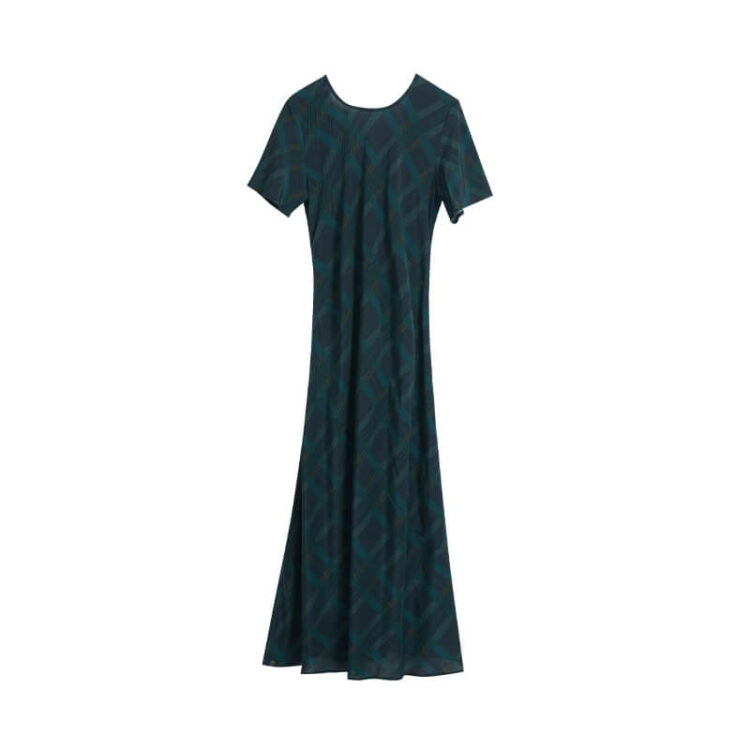 Summer Reversible Round Neck/V Neck Retro Plaid Print Blue Silk Dress