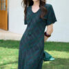 Summer Reversible Round NeckV Neck Retro Plaid Print Blue Silk Dress 2