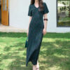 Summer Reversible Round NeckV Neck Retro Plaid Print Blue Silk Dress 4