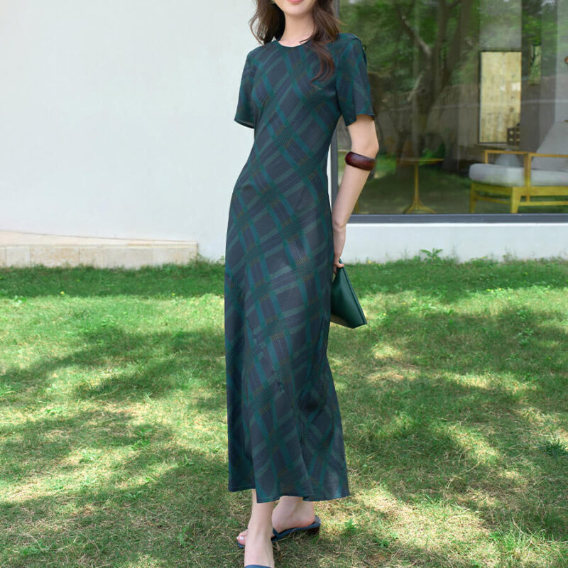Summer Reversible Round NeckV Neck Retro Plaid Print Blue Silk Dress 5