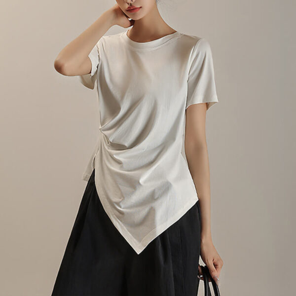 Summer Round Neck Waist Pleated Irregular Short Sleeve T-shirt
