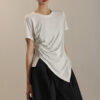 Summer Round Neck Waist Pleated Irregular Short Sleeve T-shirt