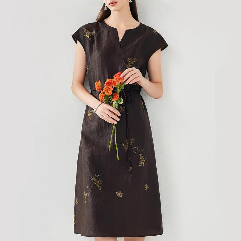 Summer Silk Butterfly Embroidery V-Neck Lace-Up Dress