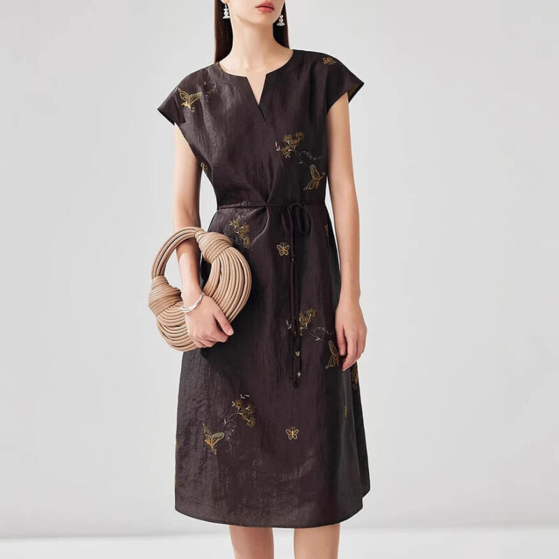 Summer Silk Butterfly Embroidery V-Neck Lace-Up Dress